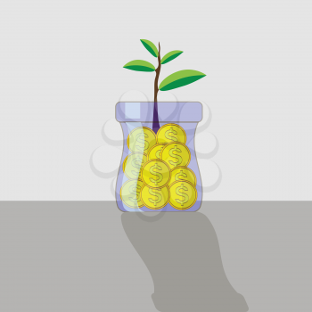 Yellow Metal Coins in Glass Jar. Money Concept.