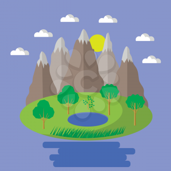 Spring Landscape. Isolated Nature Landscape with Mountains, Hills, Lake and Trees. Summer Landscape. Flat Style  Illustration. Nature Background
