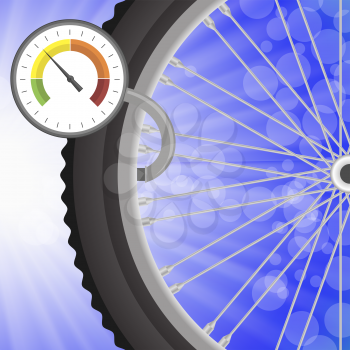 Manometer and Part of Bicycle Wheel on Bllurred Bllue Rays Background. Measuring Pressure in the Wheel.