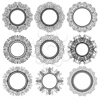 Set of Circle Geometric Ornaments Isolated on White Background. Monochrome Elegant Mandala. Vintage Set of Outline Oriental Emblems and Badges