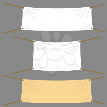 Textile Banners with Copy Space Suspended by Ropes by all Four Corners and Stretched Tight Hanging. White Vinyl Banner is Waving. Various Empty Promotional Banners.