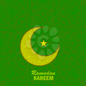 Ramadan Greetings Background. Ramadan Kareem Means Ramadan the Generous Month. Ramadan Greeting Card. Yellow Moon and Yellow Star on Green Ornamental Background