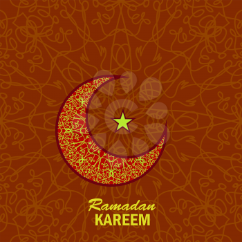 Ramadan Greetings Background. Ramadan Kareem Means Ramadan the Generous Month. Ramadan Greeting Card. Yellow Moon and Yellow Star on Red Ornamental Background