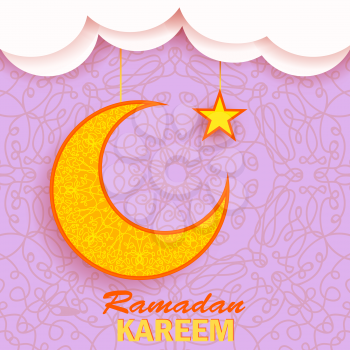 Ramadan Greetings Background. Ramadan Kareem Means Ramadan the Generous Month. Ramadan Greeting Card. Yellow Moon and Yellow Star on Pink Ornamental Background