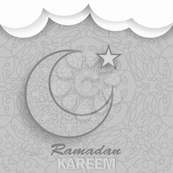 Ramadan Greetings Background. Ramadan Kareem Means Ramadan the Generous Month. Ramadan Greeting Card. Yellow Moon and Yellow Star on Grey Ornamental Background