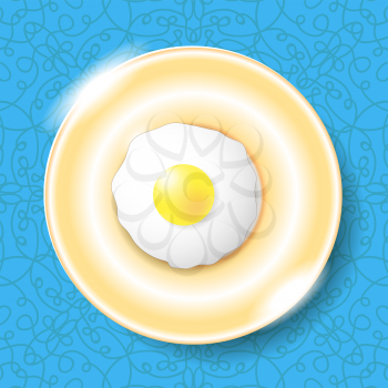 Fried Egg Icon Isolated on Blue Ornamental Background. Top View.