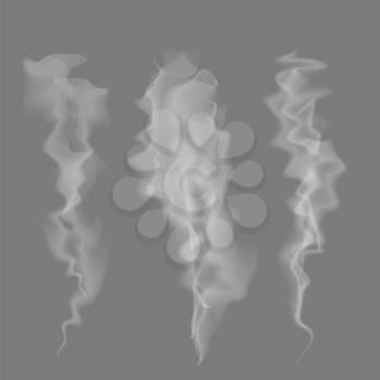 Smoke Set on Grey Background. Delicate White Cigarette Smoke Waves on Transparent Grey Background