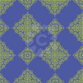 Yellow Texture on Blue. Element for Design. Ornamental Backdrop. Pattern Fill. Ornate Floral Decor for Wallpaper. Traditional decor on Blue Background