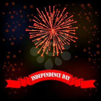 Independense Day of America. Red Ribbon on Night Sky Background.