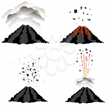 Volcano Erupting Icons Isolated on White Background. Peak of Mountain. Fiery Crater of Volcano.