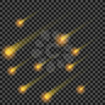 Yellow Stars Isolated on Checkered Background. Hight Sky. Shooting Selestial Comets. Meteor Shower. Meteorites Falling.