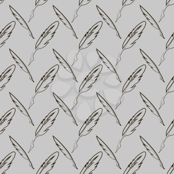 Set of Different Feathers Isolated on Grey Background. Seamless Feather Pattern
