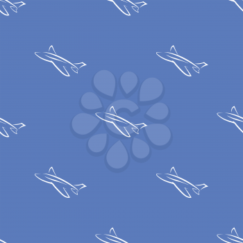 Seamless Aircraft Blue Background. White Airplane Pattern