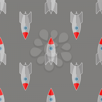 Space Rocket Flying on Grey Background. Seamless Pattern