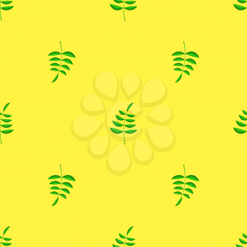 Summer Green Leaves Isolated on Yellow Background. Seamless Leaves Pattern