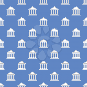 Greek Temple Icon Seamless Pattern on Blue Background.