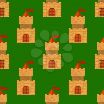 Red Brick Castle Seamless Pattern on Green. Retro Tower Background.