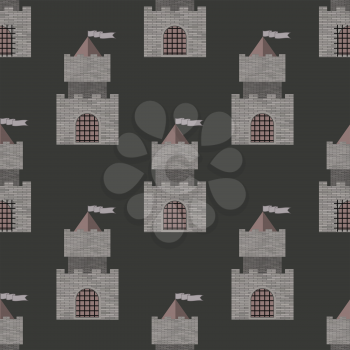 Brick Castle Seamless Pattern on Grey. Retro Tower Background.