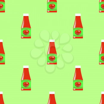 Tomato Ketchup Seamless Pattern on Green. Seasoning for Meat Dishes.