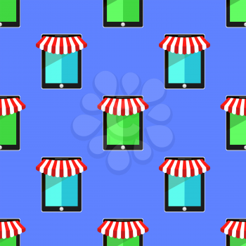 Mobile Store Seamless Pattern on Blue Background.