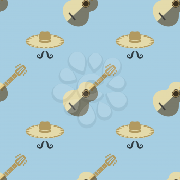 Mexican Guitar with Hat and Mustaches Seamless Pattern on Blue Background.