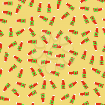 Tomato Ketchup Seamless Pattern on Yellow. Seasoning for Meat Dishes.