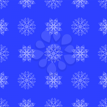 White Snowflake Seamless Pattern on Blue. Christmas Symmetric Background
