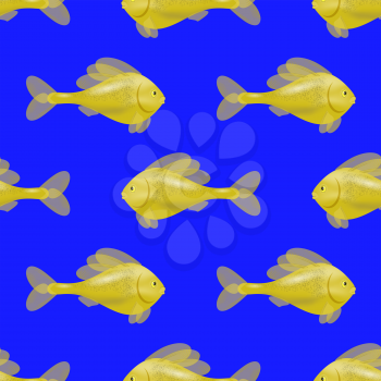 Fresh Fish Isolated on Blue Background. Seamless Yellow Fish Pattern