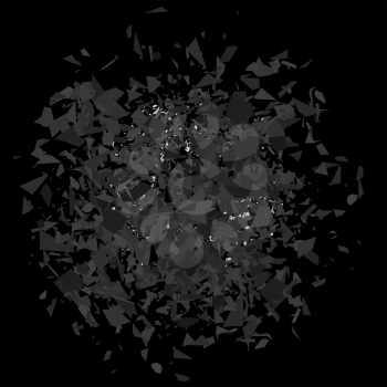 Explosion Cloud of Grey Pieces on Black Background. Sharp Particles Randomly Fly in the Air.