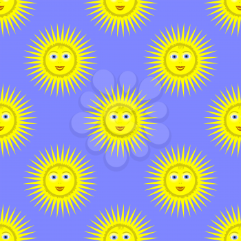 Smiling Yellow Sun Seamless Pattern on Blue Background.
