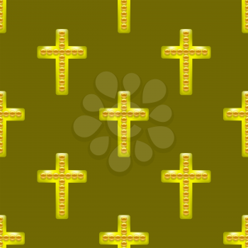 Golden Metal Cross Seamless Pattern on Brown Background. Christian Religious Symbol.