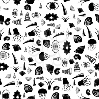 Sea Shell Silhouette Seamless Pattern on White. Jellyfish Background