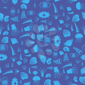 Sea Shell Silhouette Seamless Pattern on Blue. Jellyfish Background