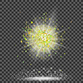 Explosion Cloud of Yellow Pieces on Checkered Background. Sharp Particles Randomly Fly in the Air.