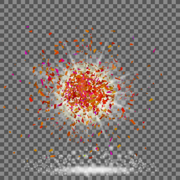 Explosion Cloud of Red Pieces on Checkered Background. Sharp Particles Randomly Fly in the Air.
