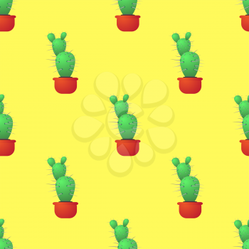 Green Cactus Seamless Pattern on Yellow. Houseplant Background.