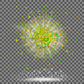 Explosion Cloud of Green Pieces on Checkered Background. Sharp Particles Randomly Fly in the Air.