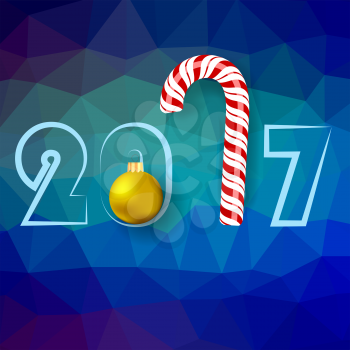 Winter Christmas Blue Polygonal Background with Candy Cane and Yellow Glass Ball