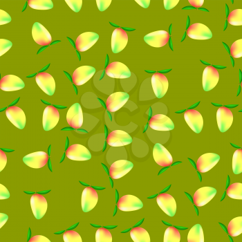Ripe Mango Fruit Seamless Pattern on Green. Food Background