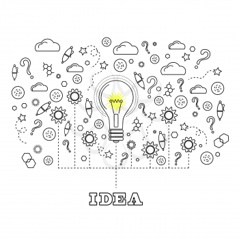Idea Concept with Light Bulb and Doodle Sketches Creative, Technology  Icons