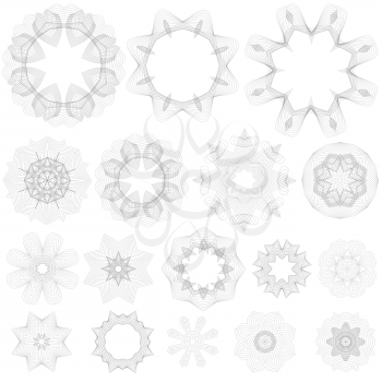 Set of Guilloche Decorative Elements Isolated on White Background. Rosettes Collection