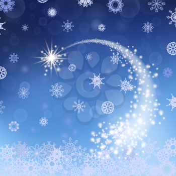 Blue Winter Background. Falling Star. Snowflakes Pattern