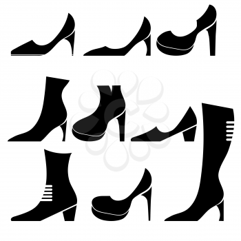 Different Womens Shoes Silhouettes Isolated on White Background