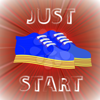 Blue Shoes Banner with Positive Quote on Red Background. Motivation to Action.