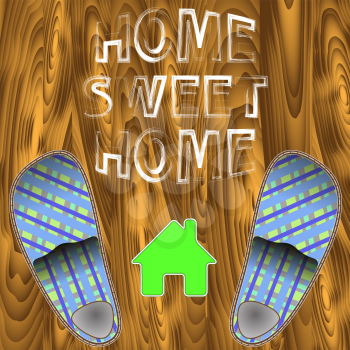 Home Slippers Poster on Wood Planks Background. Grange Positive Quote. Sweet Home.