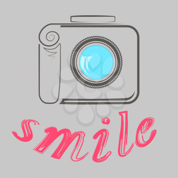 Digital Camera and Text Smile. Photographic Poster on Grey Background