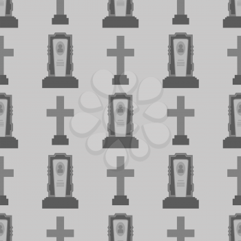 Gravestone Seamless Pattern on Grey Background. Granitic Stone Monuments on Halloween Cemetery. Grave Template.