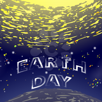 Earth Day Text on Starry Space Background. Sun Rays in Blue Sky.