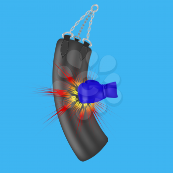 Boxing Glove and Black Sport Bag Isolated on Blue Background