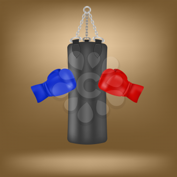 Boxing Gloves and Black Sport Bag Isolated on Brown Background
